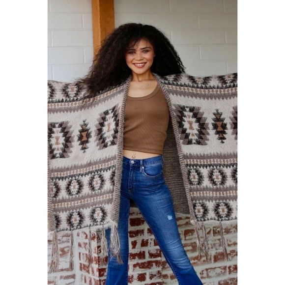 ANGIE Mocha & Taupe Soft Knit Fringed Ruana Sweater Wrap - Picture 5 of 8
